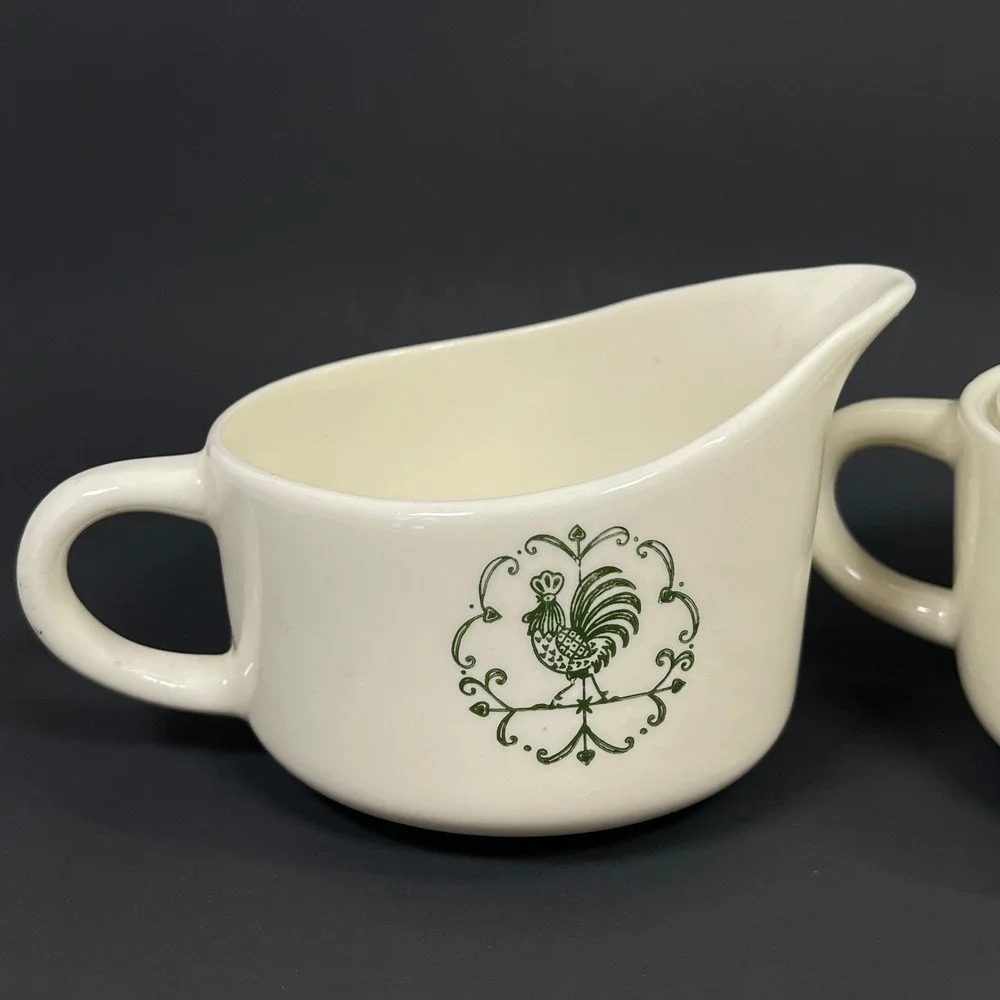Scio Pottery Provincial Creamer Sugar Bowl Set Green White Rooster Farmhouse